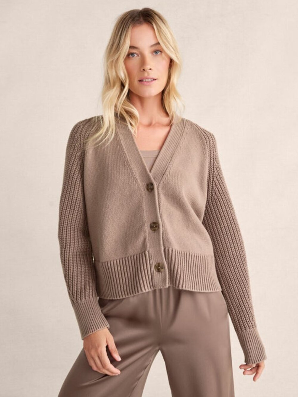 Haven Well Within Raglan Cotton Linen Plaited V-Neck Cardigan in Brown (small)